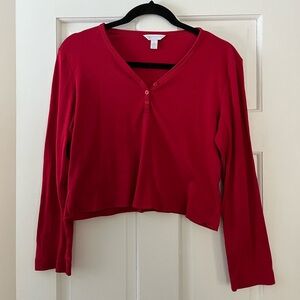 Charter Club PJ Red Vneck Button Long Sleeve